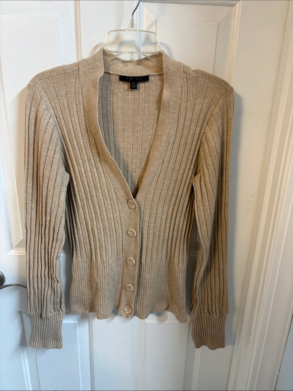 Cyrus Ribbed V-Neck Button-Front Cardigan in Beige